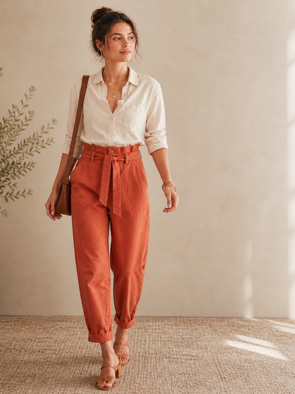 Banana Republic Barrel Leg Pants 4 Pumpkin Rust Tie Waist High Rise Cuffed